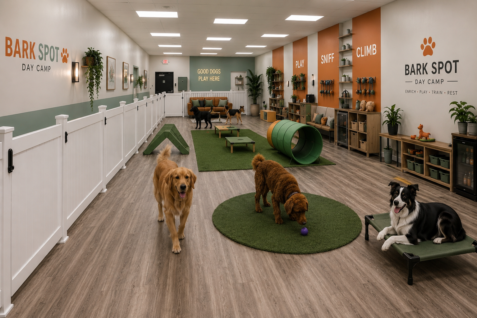 Bark Spot Day Camp — dogs playing in a structured, fun enrichment space