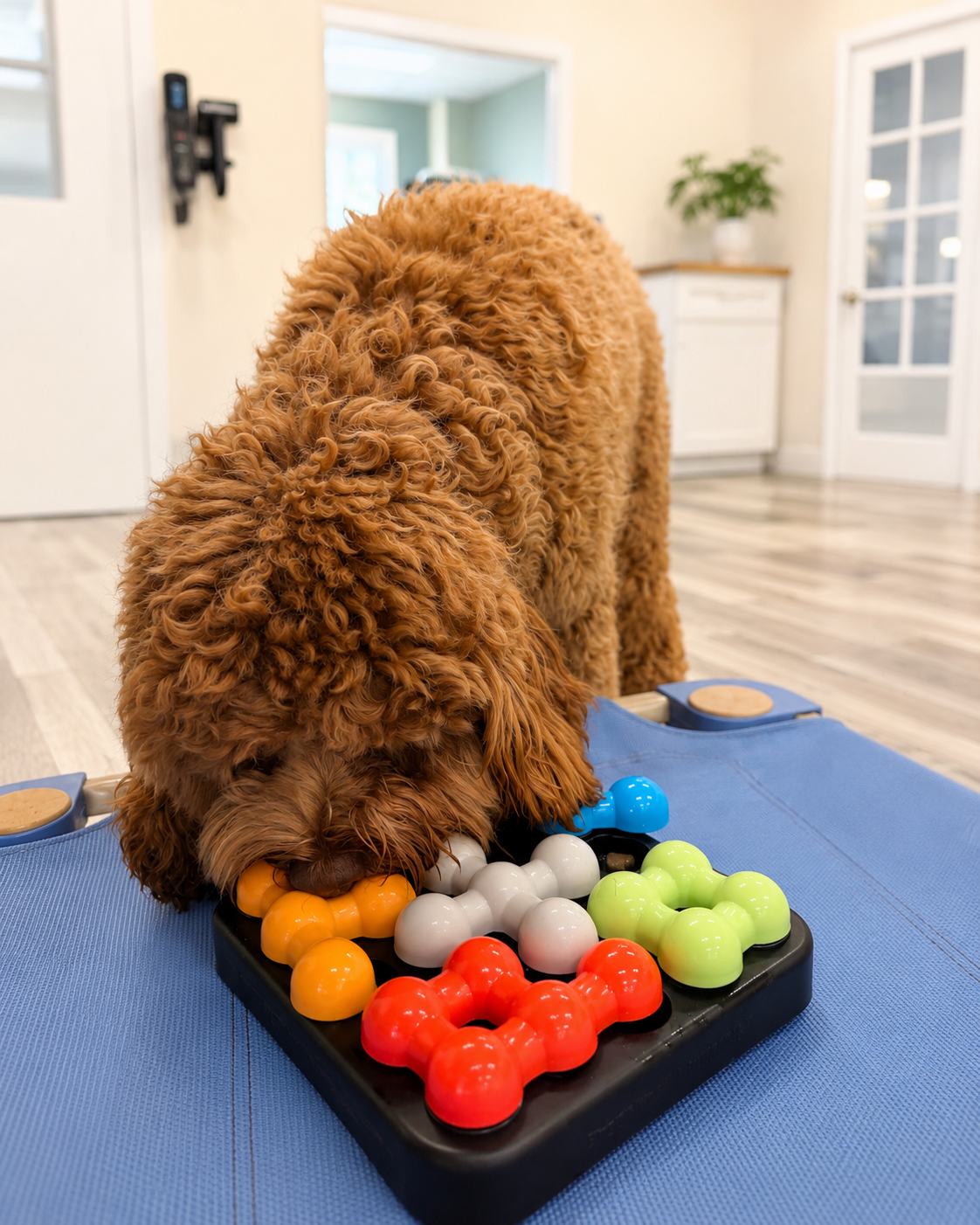 Dog using a lick mat during a supervised enrichment art activity