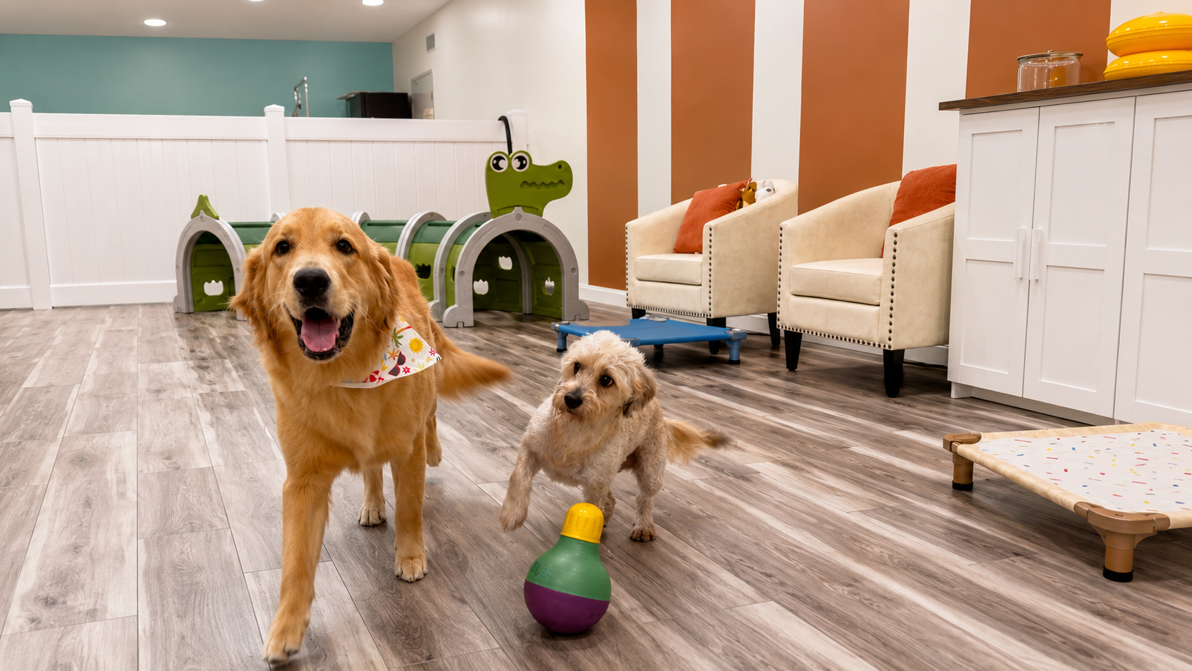 Dog creating a colorful art project during Bark Spot Enrichment Day Camp
